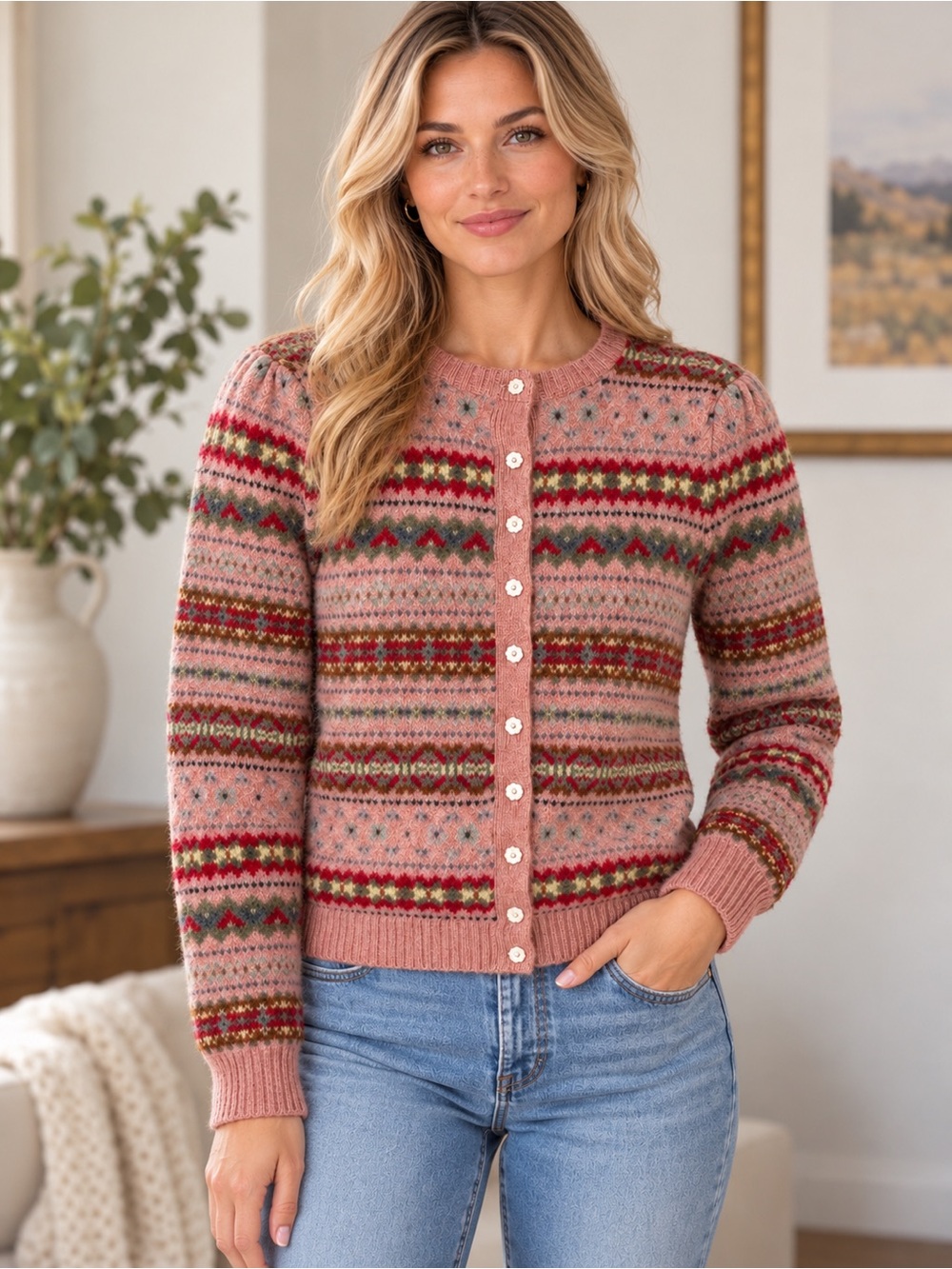 Ralph Lauren 100% Wool Fair Isle Cardigan Pink Nordic Cottagecore Size medium